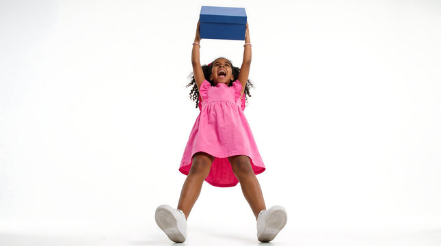 Excited young girl in pink dress holding a blue gift box above her head with joy and surprise