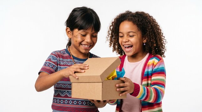 Two happy children with painted faces opening a cardboard gift box with colorful tissue paper inside