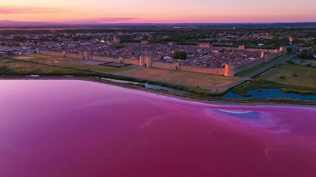 Aerial drone view of pink lakes salt marshes, salt mining medieval town of Aigues-Morte, Camargue, France. High quality 4k footage