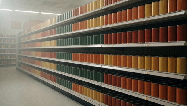 Long row empty shelves store arranged neat orderly manner rows cans different colors red orange green yellow b