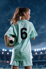 Fototapeta premium Young female soccer player wearing number 6 in stadium at night holding a ball for team poster and banner background design