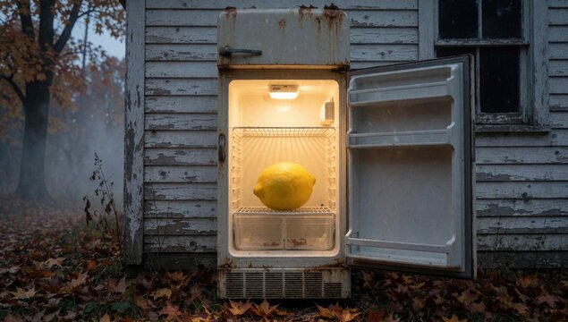 Old rusted refrigerator door open located front dilapidated house window right side revealing interior fridge