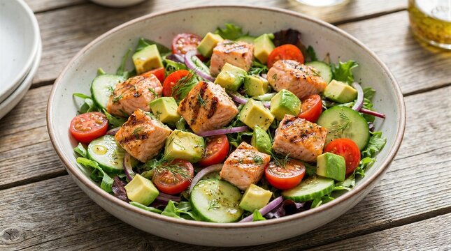 Grilled salmon salad with avocado in rustic bowl on wooden table