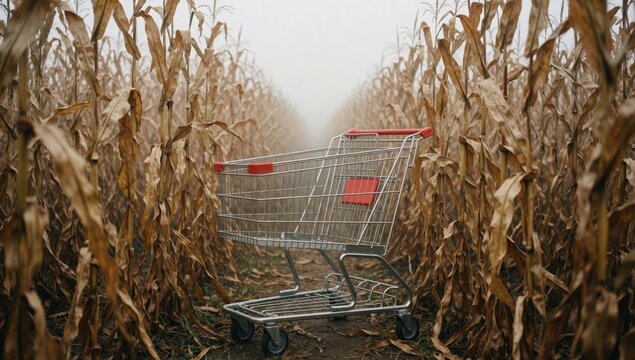 Shopping cart middle cornfield made metal has red handle wheels empty positioned center tall rows corn stalks
