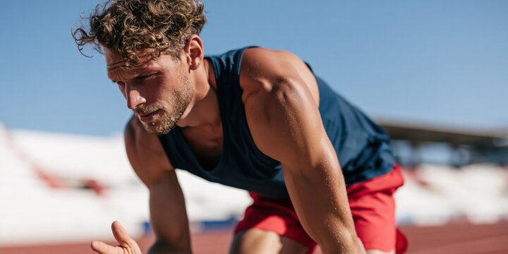 Closeup of a focused male sprinter in a low start position on track for sports poster and training background