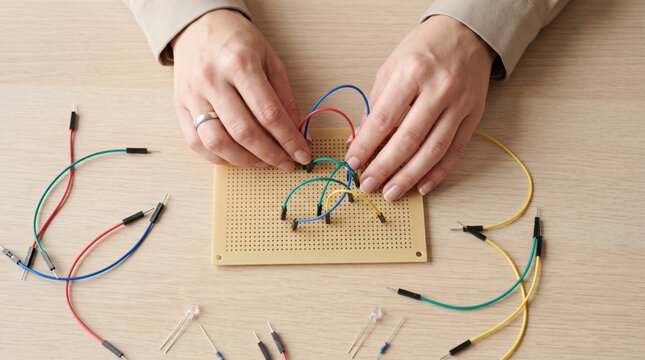 Hands inserting jumper wires into electronic breadboard on table