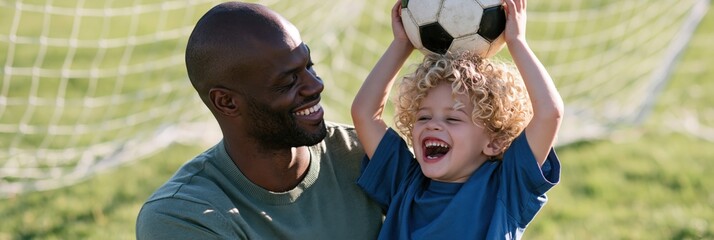 Naklejka premium Smiling father watching son hold a soccer ball above his head by the goal on grassy field outdoors for family sports banner poster background and lifestyle design