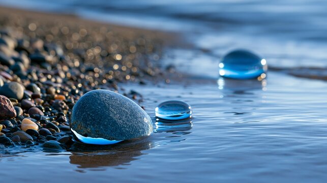 Close-up of smooth stones glistening in shallow water at the shoreline, capturing the serene beauty of nature.