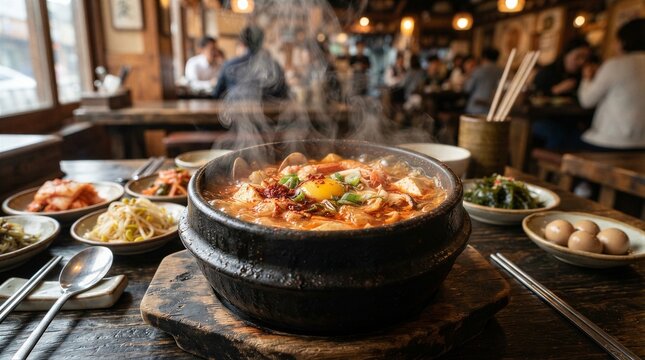 Steaming hot stew served in stone pot on restaurant table