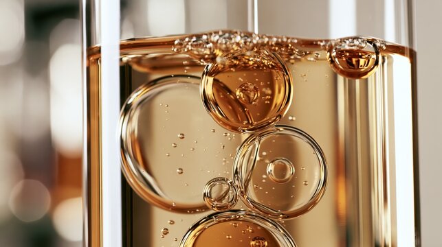 Close-up of sparkling beverage with bubbles rising in a glass, showcasing refreshment and celebration.