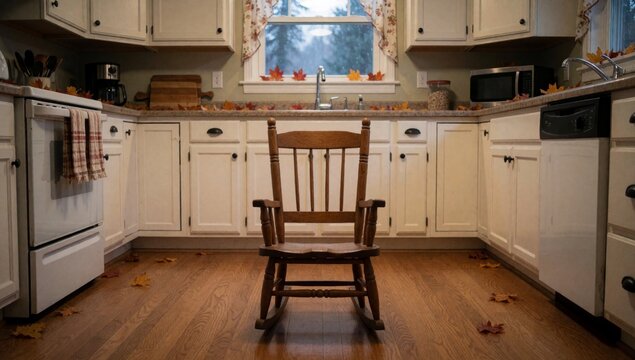 Kitchen white cabinets wooden flooring has large window sink trees outside there rocking chair center room sea