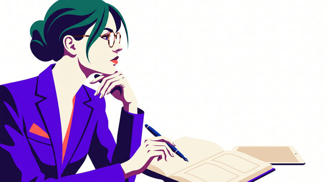 Young woman taking notes and thinking while seated at a desk  
