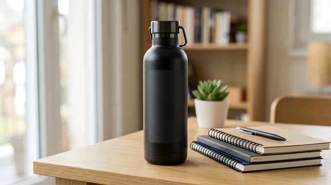Reusable black metal water bottle standing on a wooden desk in a modern home office with stacked notebooks, pen, plant, and blurred bookshelf background for eco-friendly workspace branding mockup.
