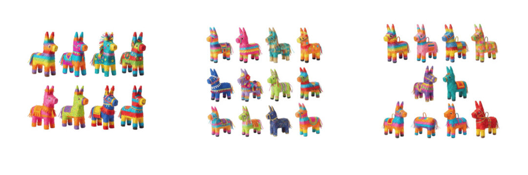 Colorful Mexican donkey pi&ntilde;atas set arranged on white background, festive birthday party decoration elements, traditional celebration toys, transparent PNG graphic design asset