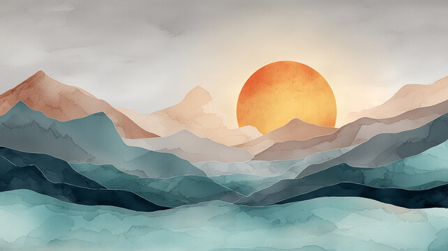Abstract watercolor landscape illustration featuring layered mountain ridges in teal and beige tones with a large glowing orange sun at sunset. Mid-century modern oriental style background.
