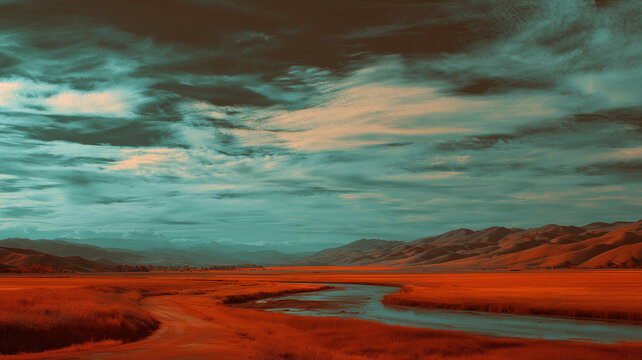 Dramatic landscape background with a winding river flowing through a field of vibrant orange grass under a moody teal sky. Scenic wilderness view with rolling hills and dynamic clouds.
