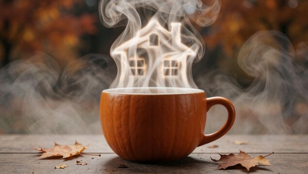 Close-up wooden table brown mug filled steaming hot beverage possibly coffee tea there several autumn leaves s
