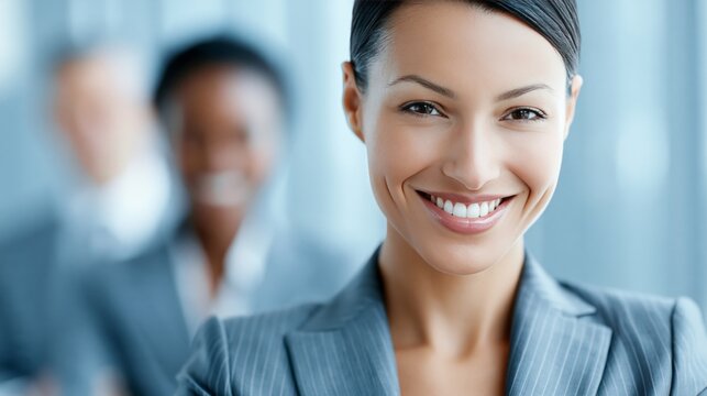 Confident businesswoman smiling in a professional setting, embodying success and teamwork in the workplace.