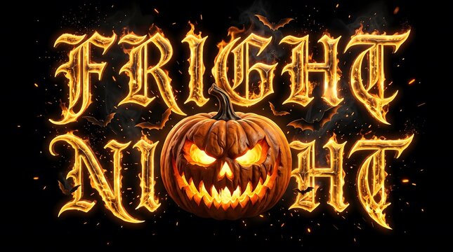 Fiery Fright Night text with carved evil glowing jack-o'-lantern pumpkin on black background