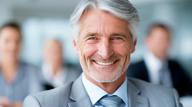 Confident senior businessman smiles warmly, radiating experience and positivity in a professional setting.