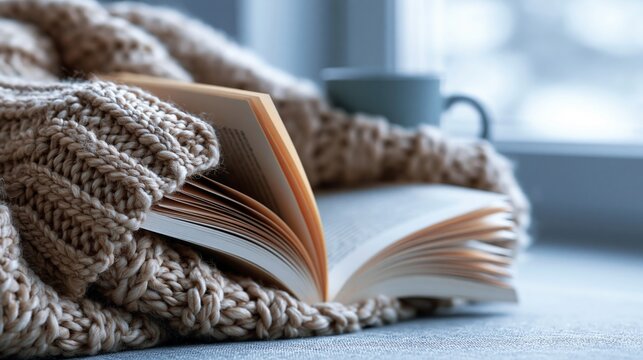 Cozy scene featuring an open book, warm blanket, and steaming cup of coffee by a window, perfect for relaxation.