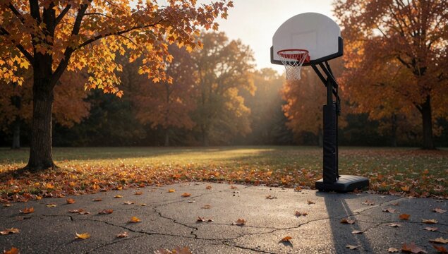 Basketball hoop stand park during autumn white red rim black base has net attached ground covered fallen leave