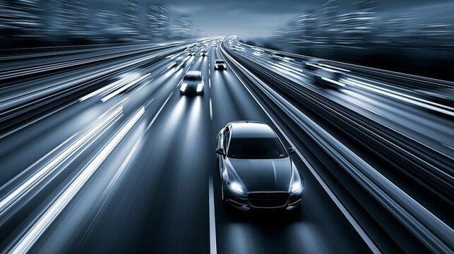 Dynamic night scene of cars in motion on a busy highway, capturing the essence of speed and urban life.
