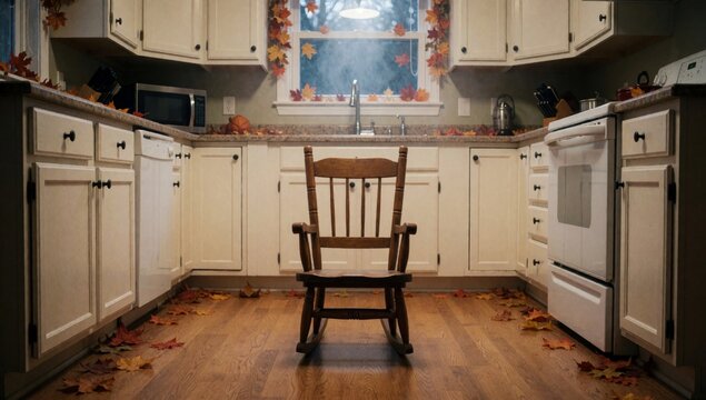 Kitchen white cabinets wooden floor has large window sink autumn leaves hanging various shades orange yellow r