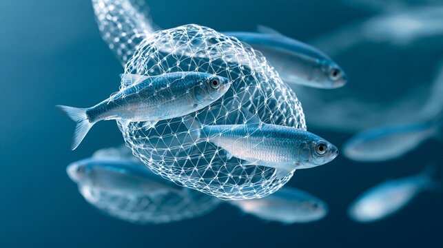 Dynamic underwater scene featuring fish swimming near a fishing net, symbolizing marine life and conservation.