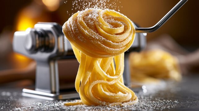 Fresh pasta being prepared with a pasta machine, showcasing its texture and richness in a warm kitchen setting.