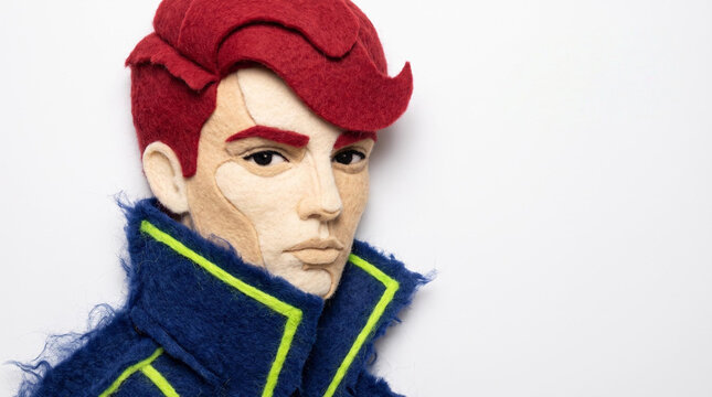 Felt doll figure with red hair and blue jacket on a white background  