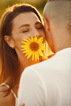 People spend time in a sunflowers field