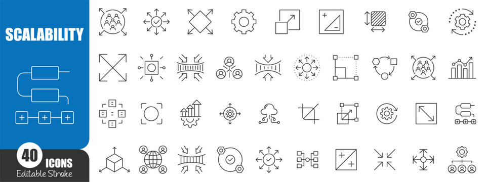 Scalability and Expansion Editable Stroke Icon Set for Business Growth, Optimization, Flexibility and Development