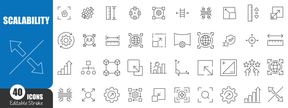 Scalability and Expansion Editable Stroke Icon Set for Business Growth, Optimization, Flexibility and Development