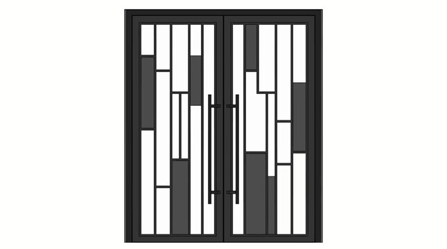 Modern Black Metal and Glass Double Entrance Door with Vertical Geometric Panels for Luxury Dining Hall, White Background Vector Illustration
