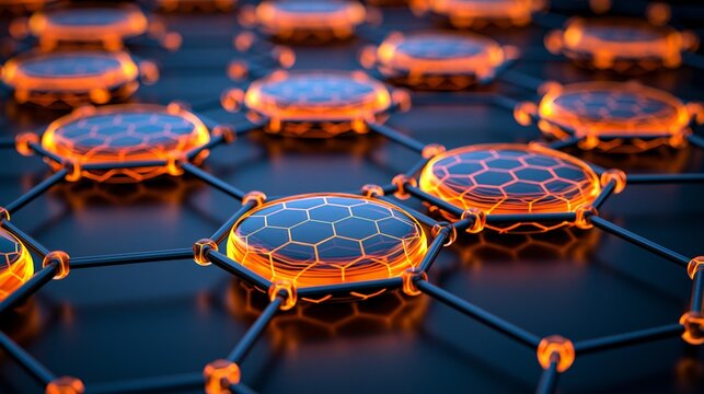 Intricate hexagonal network with glowing orange elements, representing advanced technology and innovation.