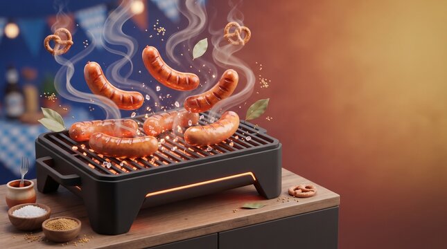 Grilled sausages sizzling on a barbecue with pretzels for Oktoberfest  