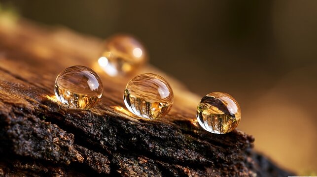 Magnificent water droplets glisten on a wooden surface, showcasing nature's beauty and intricate details.