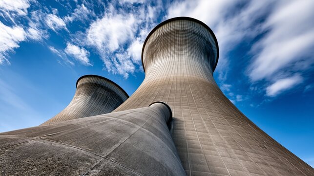 Majestic view of cooling towers against a bright blue sky, showcasing industrial architecture and energy production.