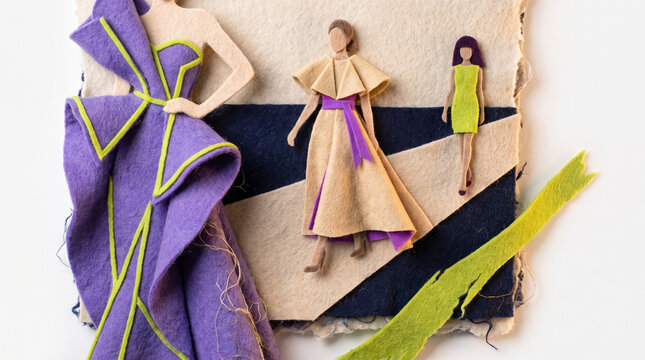Fashion design showcase with paper dolls and fabric swatches  
