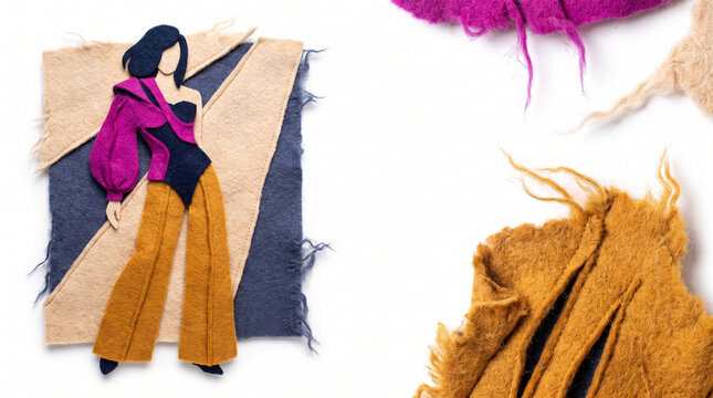 Fashion illustration of a model in vibrant designer outfit with textures  
