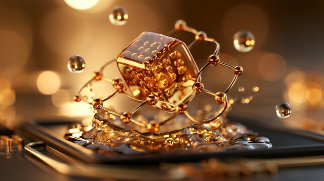 Stunning 3D illustration showcasing a golden atom surrounded by floating particles, symbolizing innovation.
