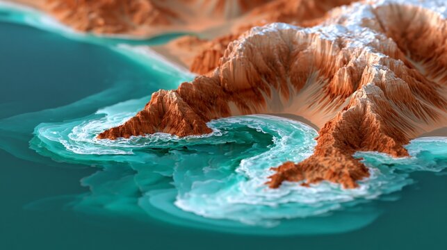 Stunning topographic view of rocky coastline meeting vibrant turquoise waters under clear skies.