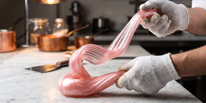 Confectioner stretching glowing pink pulled sugar taffy on cool marble countertop while wearing white protective gloves in professional kitchen.