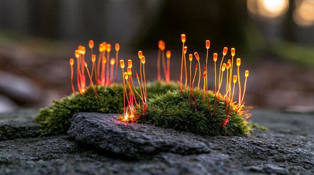 Vibrant moss with radiant spores glowing under soft sunlight, showcasing the beauty of nature's microscopic wonders.