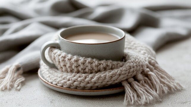 Warm cup of tea wrapped in a cozy scarf, perfect for relaxing moments and seasonal comfort.