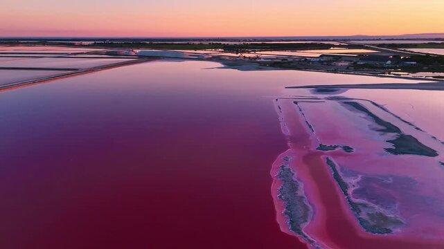 Aerial drone view of pink lakes salt marshes, salt mining medieval town of Aigues-Morte, Camargue, France. High quality 4k footage