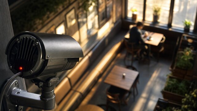 Cinematic Photo of Heavy Duty Industrial Security Camera in Foreground Overlooking Sunlit Room for Domestic Surveillance and Privacy Concept
