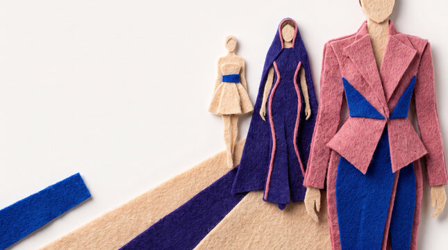 Fashion design showcase with felt dress models on a neutral background  