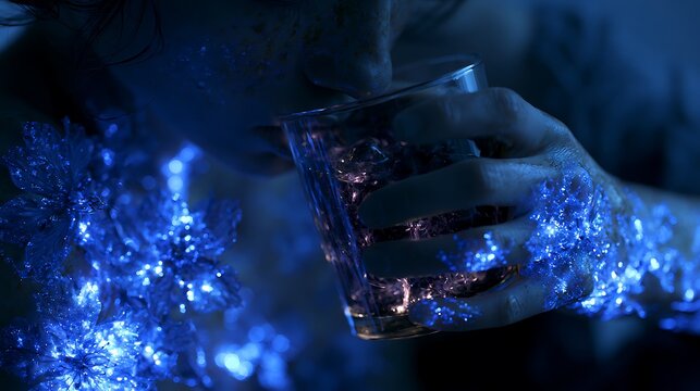 366. A psychological art piece about the 'Heroin Chic of Sorrow' (romanticizing pain). A person drinking a glass of dark, glowing poison because it makes beautiful, glittering blue flowers bloom 
